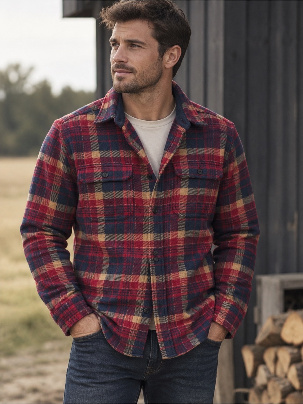 Woolrich Red Navy Tan Plaid Button-Down Shirt Jacket